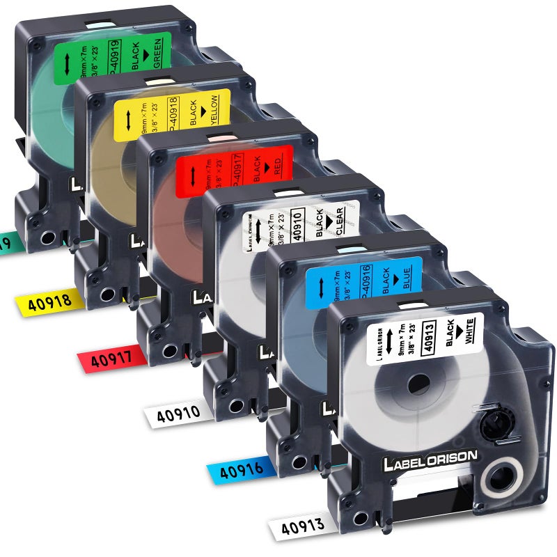 Label Orison Replacement for Dymo D1 Label Tape 9mm Combo Set 40910 40913 40916 40917 40918 40919 for Dymo LabelManager 160 260P 210D 450Dï¼Œ3/8'' W x 23' Lï¼Œ6 Pack - Image 1